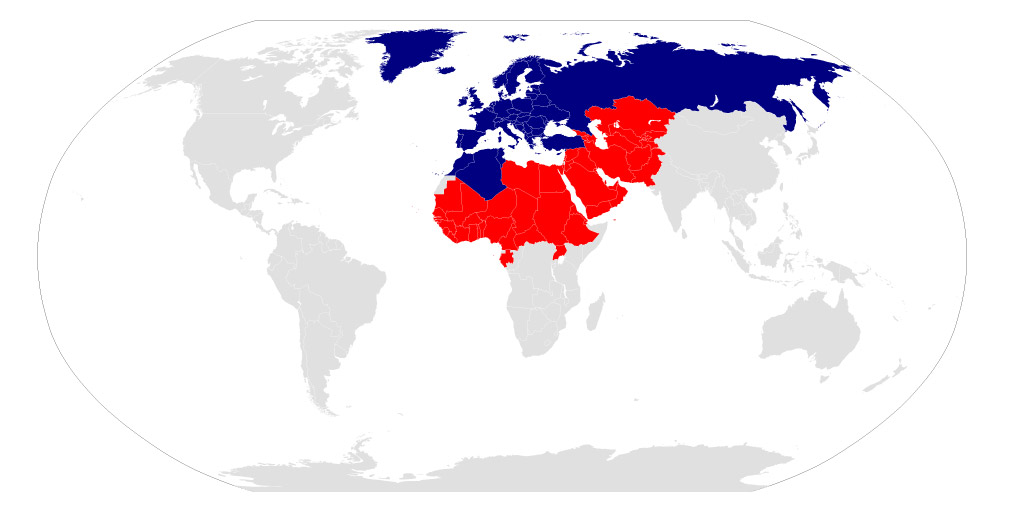 Rozdělení zemí pro německou odletovou daň. První kategorie - modrá barva, druhá kategorie - červená barva, ostatní země jsou ve třetí nejvyšší kategorii (zdroj: AQ/Wikimedia Commons - CC BY-SA 2.5)