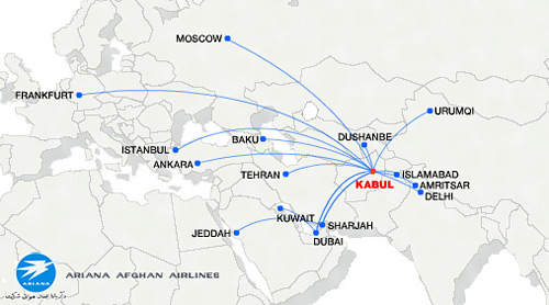 Mapa linek Ariana Afgan Airlines