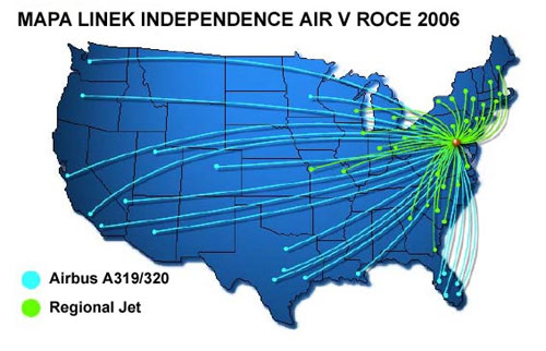 Mapa linek Independence Air v roce 2006