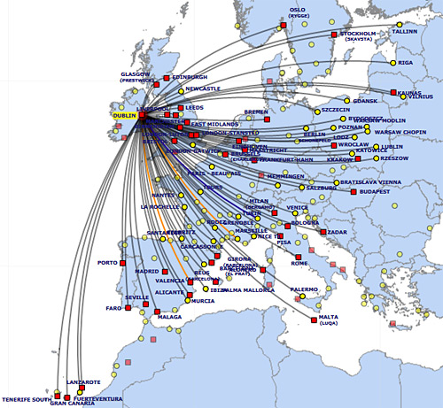 Ryanair - mapa linek - Dublin
