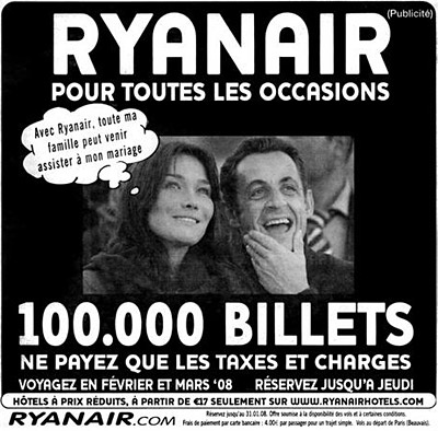 Nikolas Sarkozy a Carla Bruniová v reklamě Ryanairu