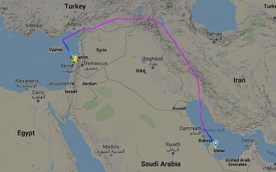 Původní trasa linky z Dohy do Bejrútu (zdroj: Flightradar24.com)