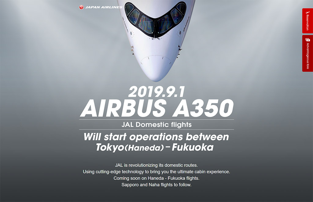 Webová stránka Japan Airlines upozorňující na první pravidelný let A350 (zdroj: jal.co.jp)