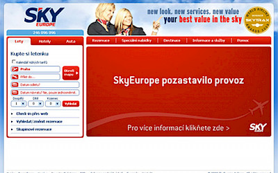 Homepage SkyEurope Airlines 1. září 2009 (zdroj: skyeurope.com)