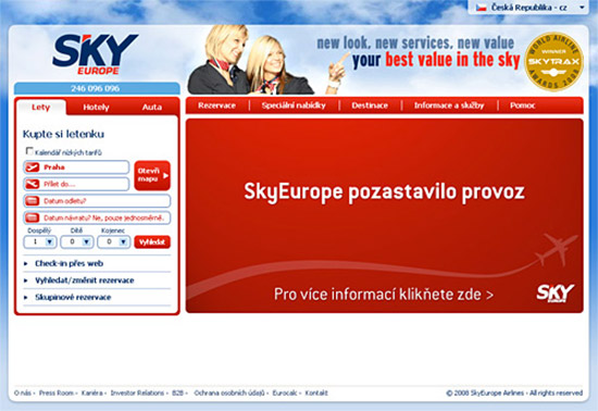 Homepage SkyEurope Airlines 1. září 2009 (zdroj: skyeurope.com)