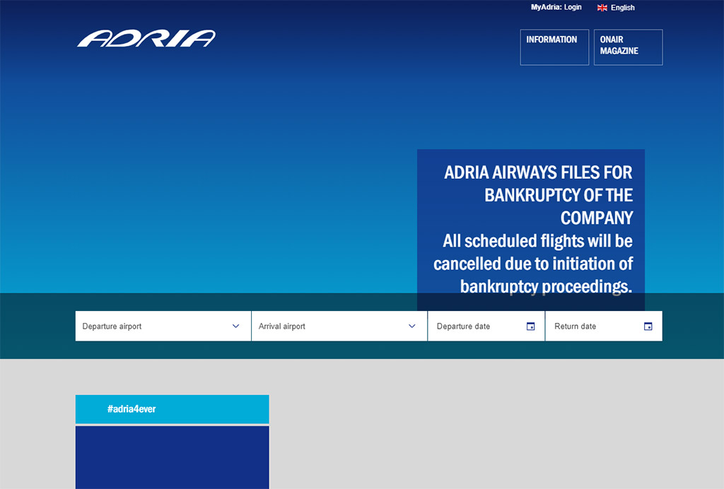 Homepage webu Adria Airways po oznámení o ukončení provozu (zdroj: adria.si)