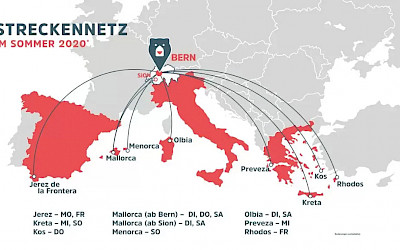 Mapa linek chystané společnosti FlyBair (zdroj: flybair.ch)
