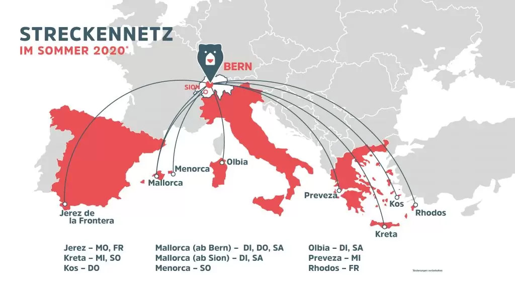 Mapa linek chystané společnosti FlyBair (zdroj: flybair.ch)