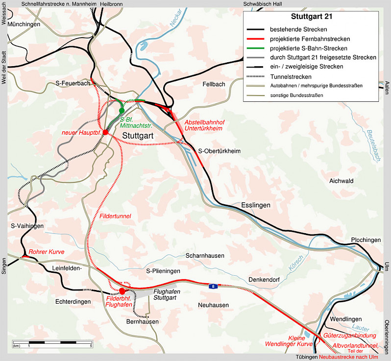 Schéma vedení nového Fildertunnel a úprav Stuttgartském železničním uzlu (zdroj: K. Jähne/Wikimedia Commons - Public domain)