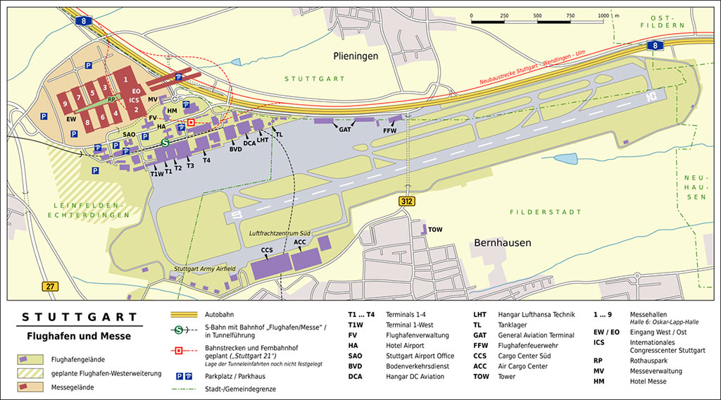 Schéma napojení letiště ve Stuttgartu a přilehlého výstaviště na železniční dopravu (foto: Thomas Römer/OpenStreetMap data/Wikimedia Commons - CC BY-SA 2.0)