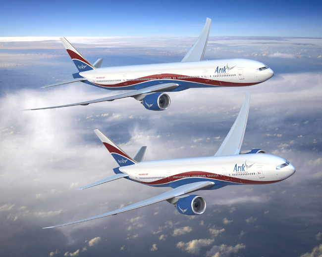 Vizualizace Boeingu 787 a Boeingu 777 v barvách Arik Air (vizualizace: Boeing Co.)