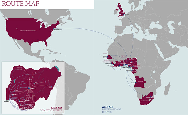 Mapa linek společnosti Arik Air (zdroj: Arik Air)